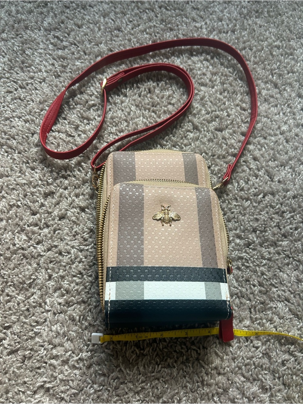 Striped Beige Crossbody Phone Bag with Red Strap